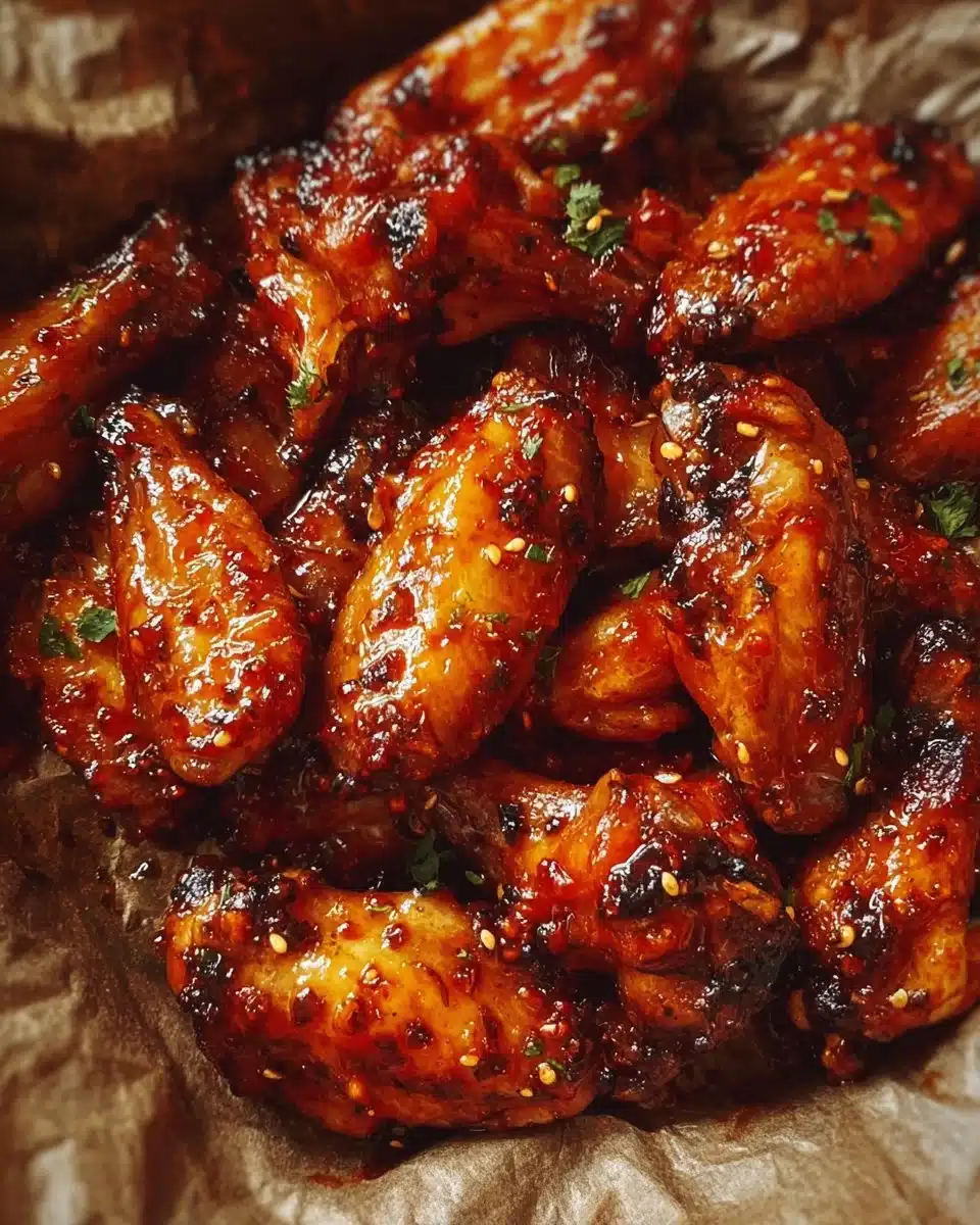 Sweet and spicy chicken wings garnished with herbs on a plate