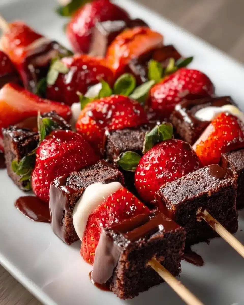 Sweet strawberry brownie kabobs on skewers, perfect for dessert.