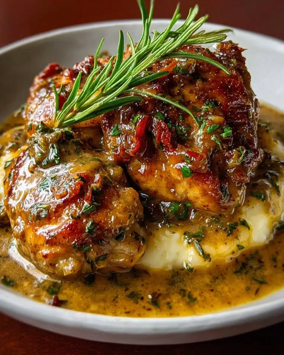 Deliciously tender smothered chicken thighs served in savory gravy