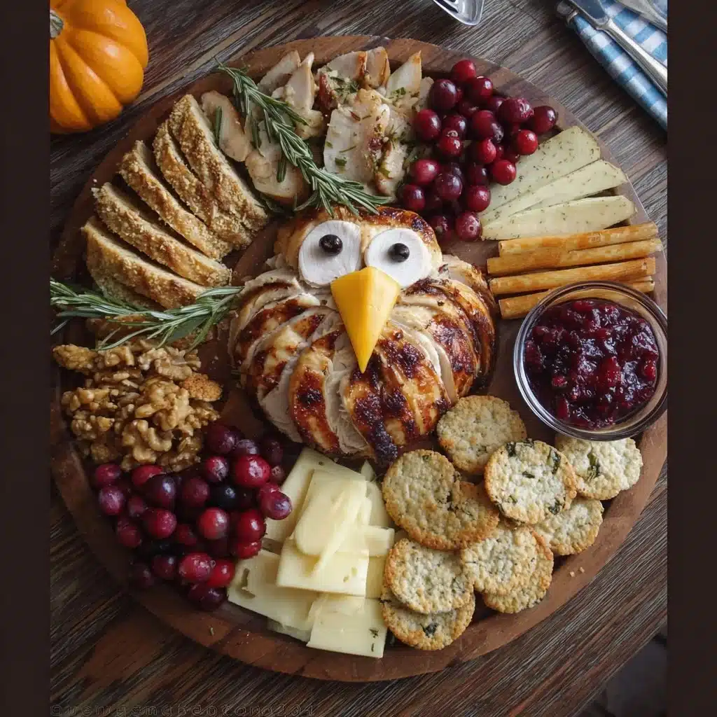 Thanksgiving turkey snack board featuring seasonal fruits, cheeses, and decorations