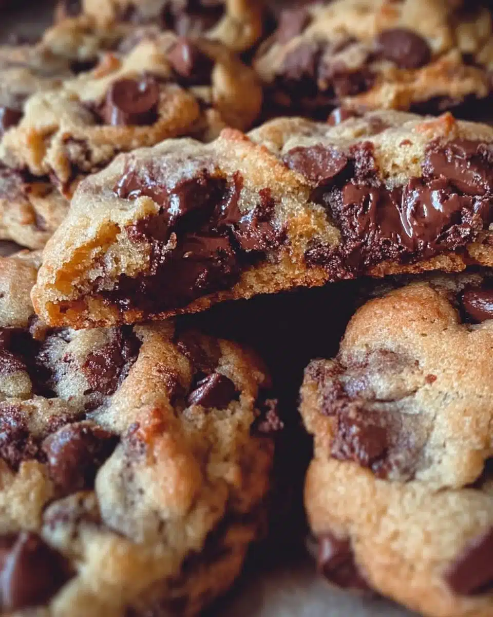 Freshly baked chocolate chip cookies on a wooden plate