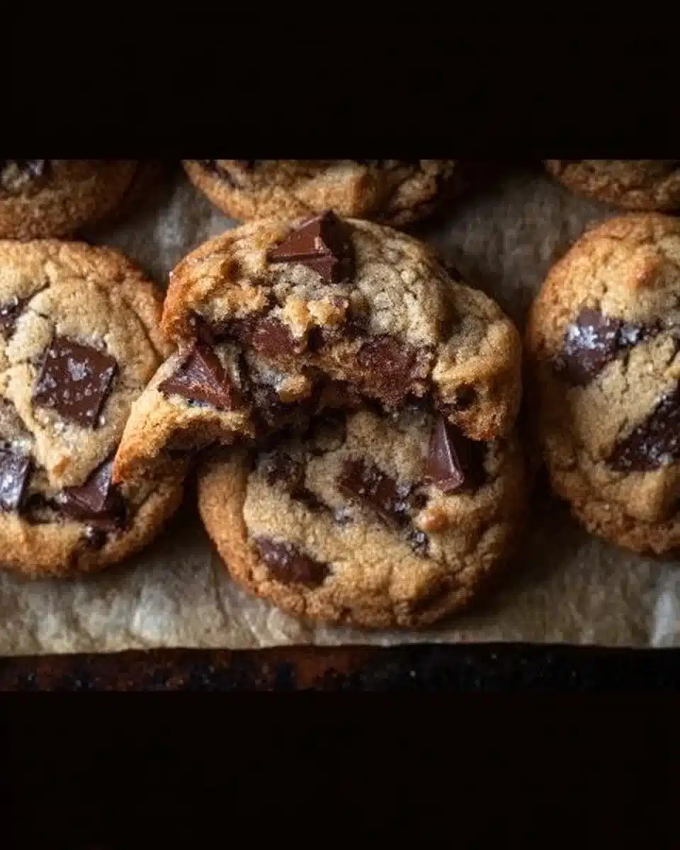 Ultimate chocolate chip cookies stacked on a platter
