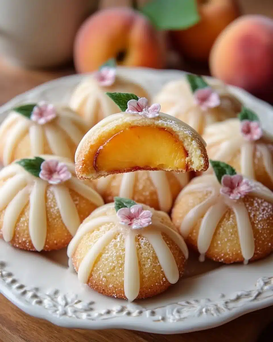 Delicious whimsical peach cookies decorated with colorful icing