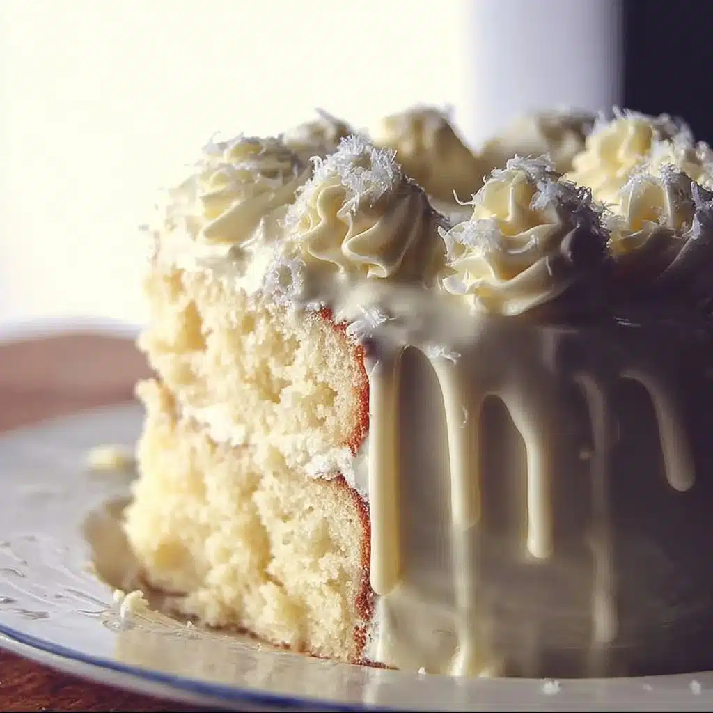 Slices of moist white chocolate cake with creamy frosting and decorative sprinkles
