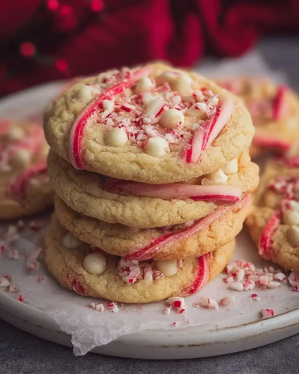 Delicious white chocolate candy cane cookies topped with crushed candy canes.