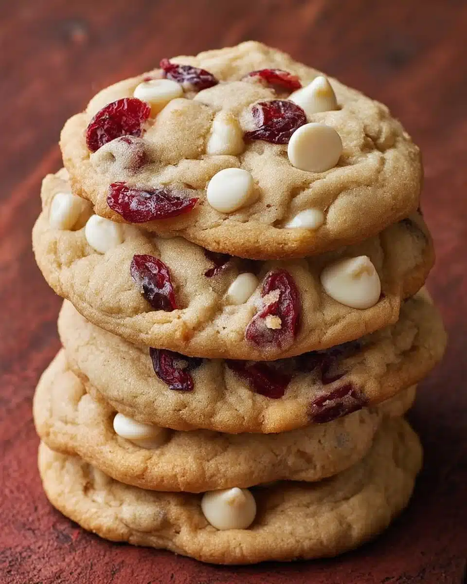 Delicious white chocolate cranberry cookies on a plate, perfect for holiday treats.
