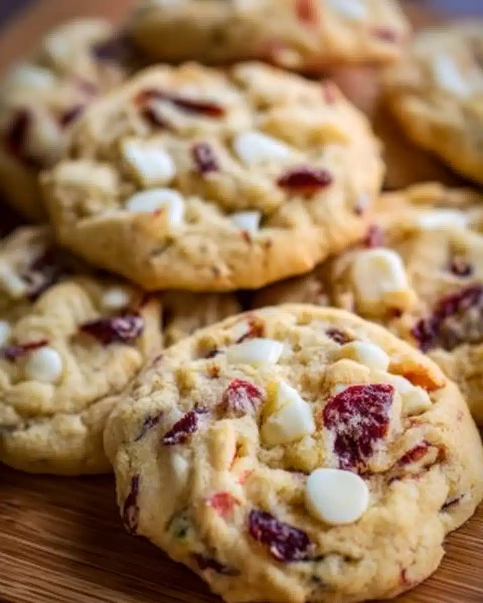 Delicious white chocolate cranberry cookies on a baking tray