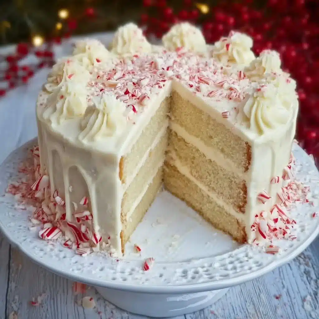 White Chocolate Peppermint Cake topped with festive decorations