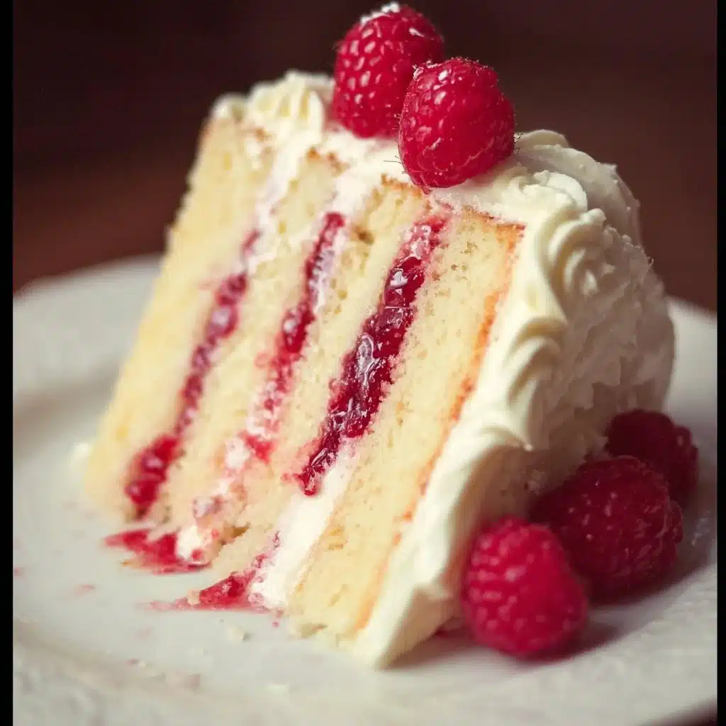 Delicious white chocolate raspberry cake topped with fresh raspberries