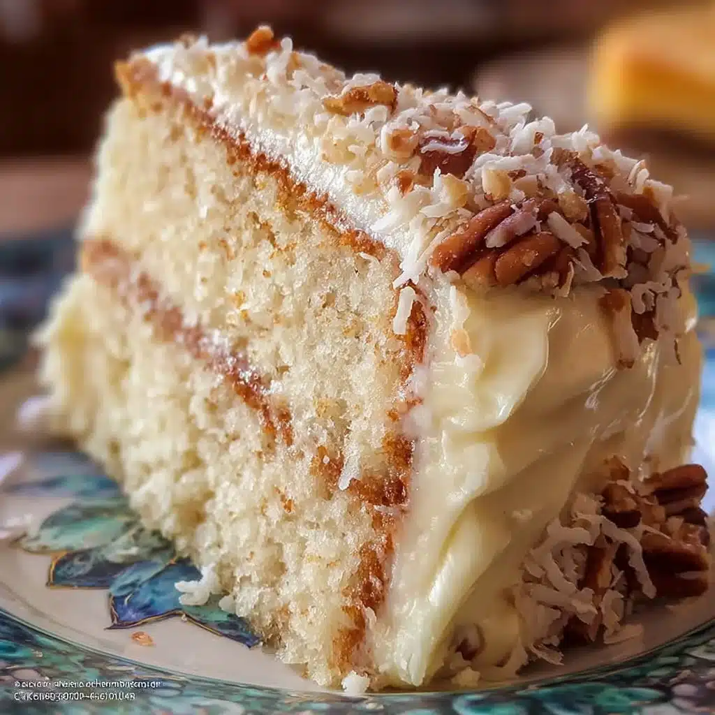 Slice of white German chocolate cake topped with coconut and pecans