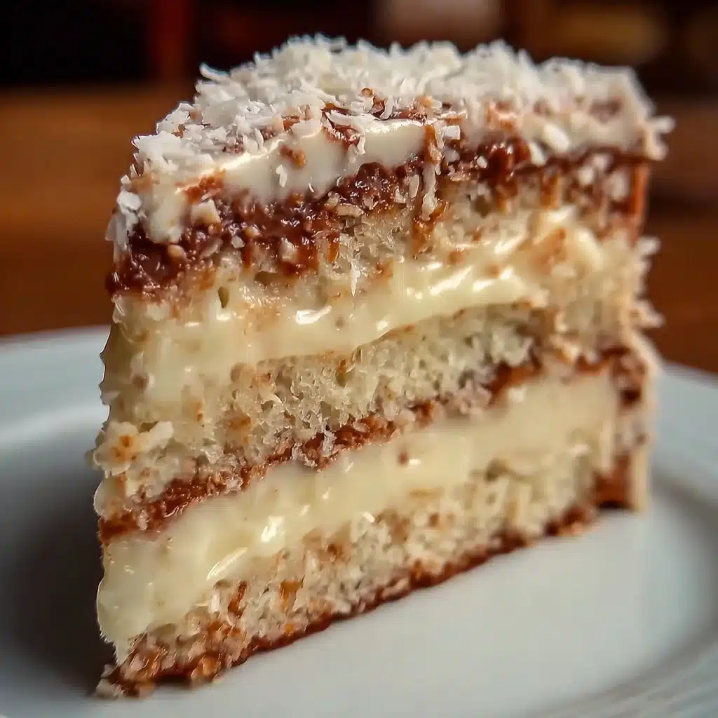 Slice of White German Chocolate Cake with coconut and pecan frosting