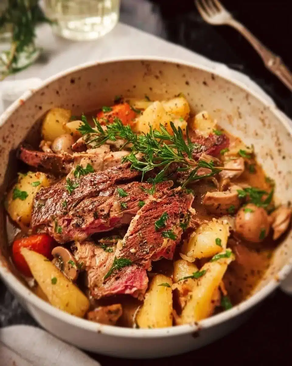 A hearty winter dinner plate with warm soup and roasted vegetables.