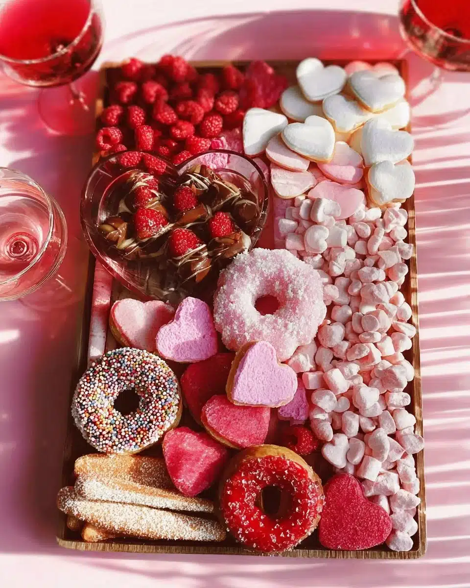 Platter of festive Valentine's Day food and drink items for a romantic celebration.