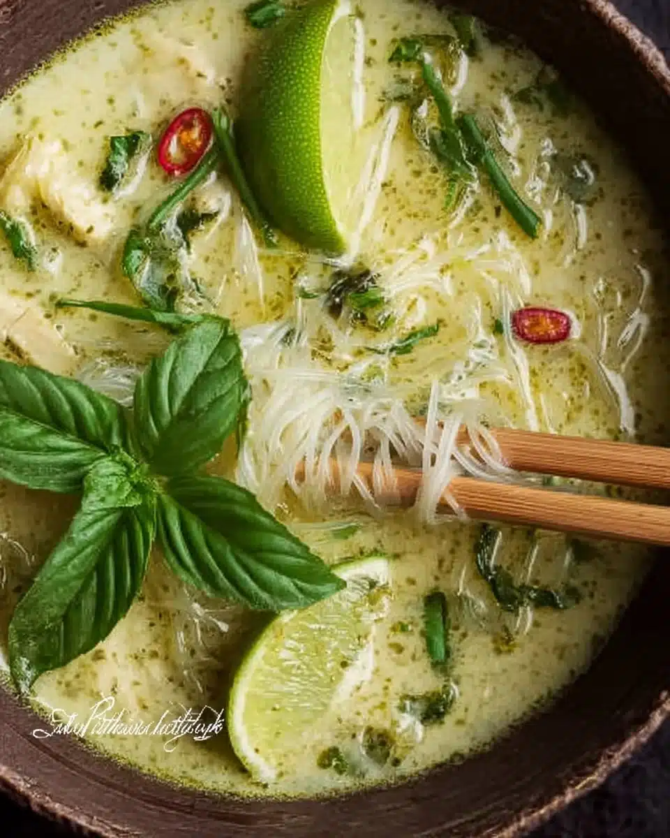 A bowl of Thai Inspired Green Curry Soup with fresh herbs and vegetables