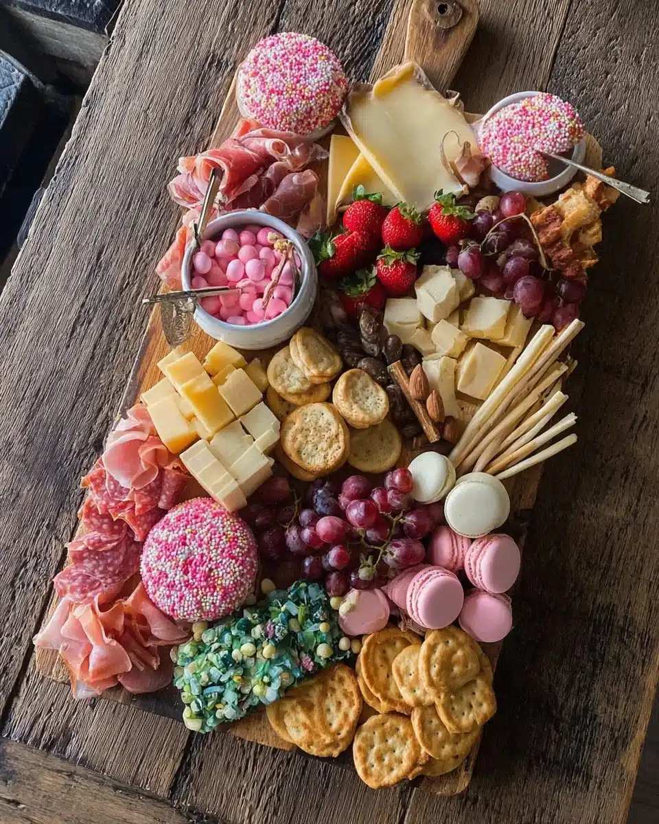 A beautifully arranged charcuterie board featuring assorted meats, cheeses, and fruits.