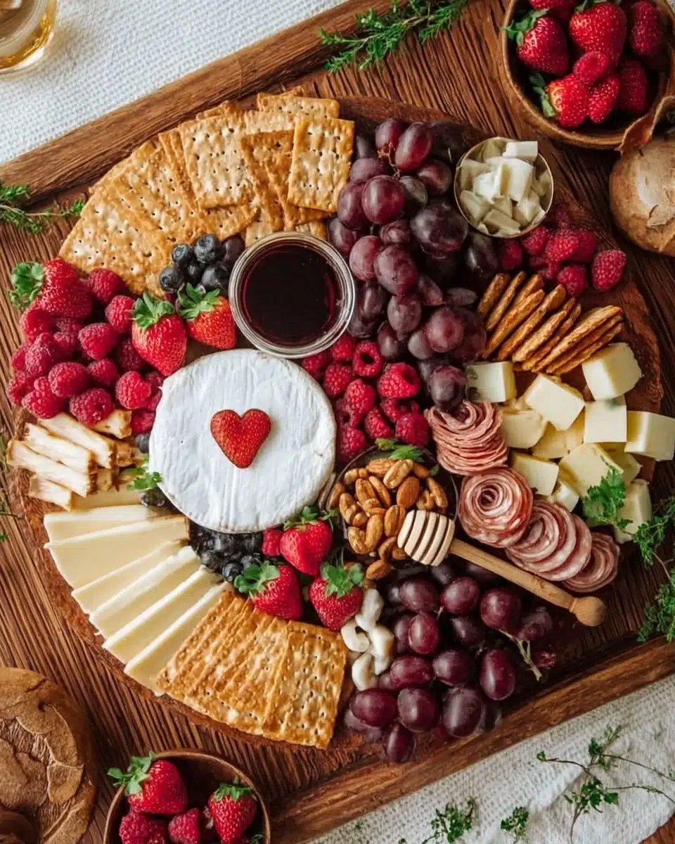Beautiful Valentine’s Day charcuterie board with heart-shaped treats and delicious snacks.