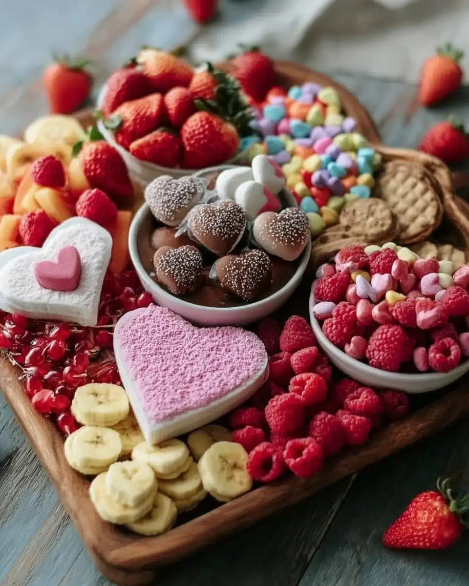 Kids' Valentine's Day snack boards featuring colorful treats and festive decorations.