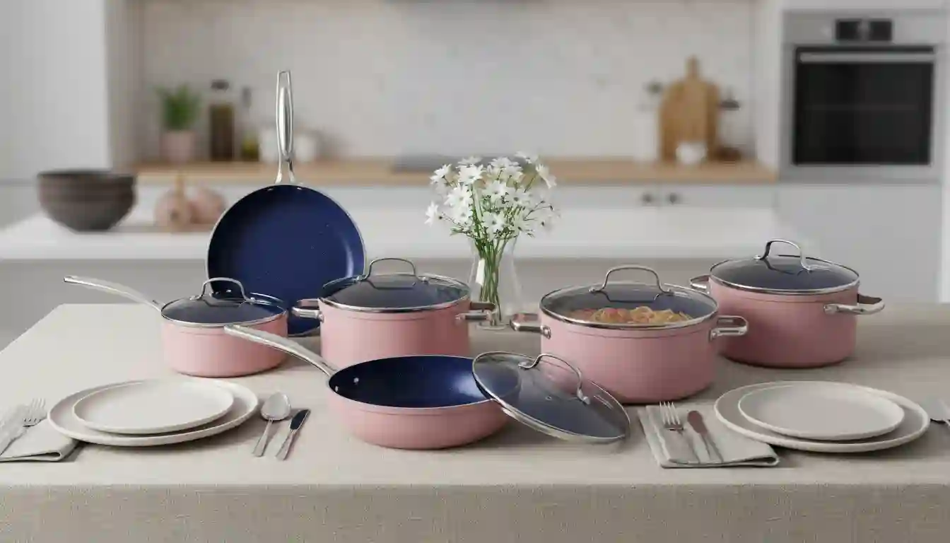 “Dusty pink ceramic nonstick cookware set with glass lids on kitchen table”