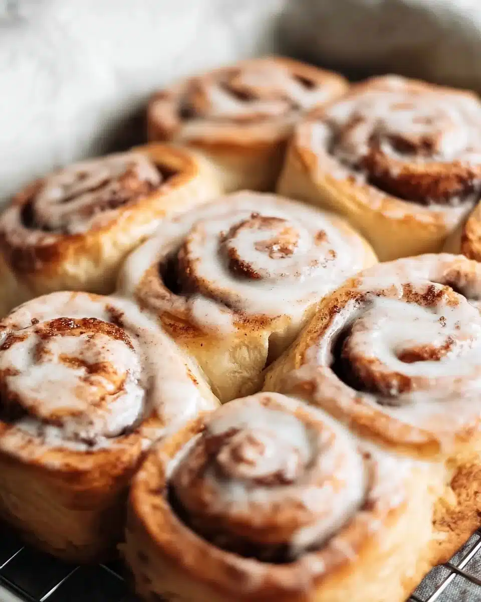 Delicious homemade cinnamon rolls topped with icing on a plate.