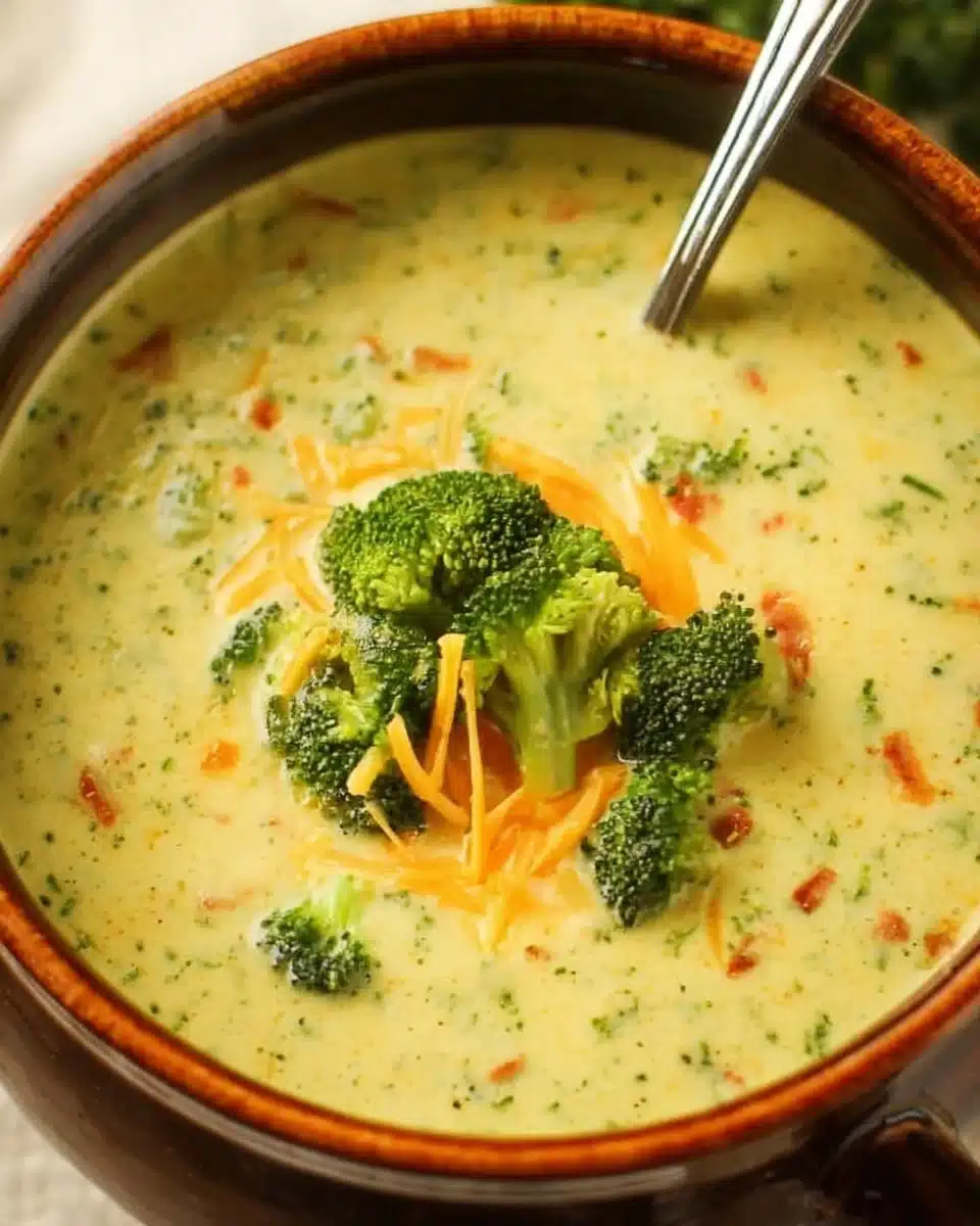 Bowl of creamy broccoli cheddar soup topped with shredded cheese and fresh broccoli.