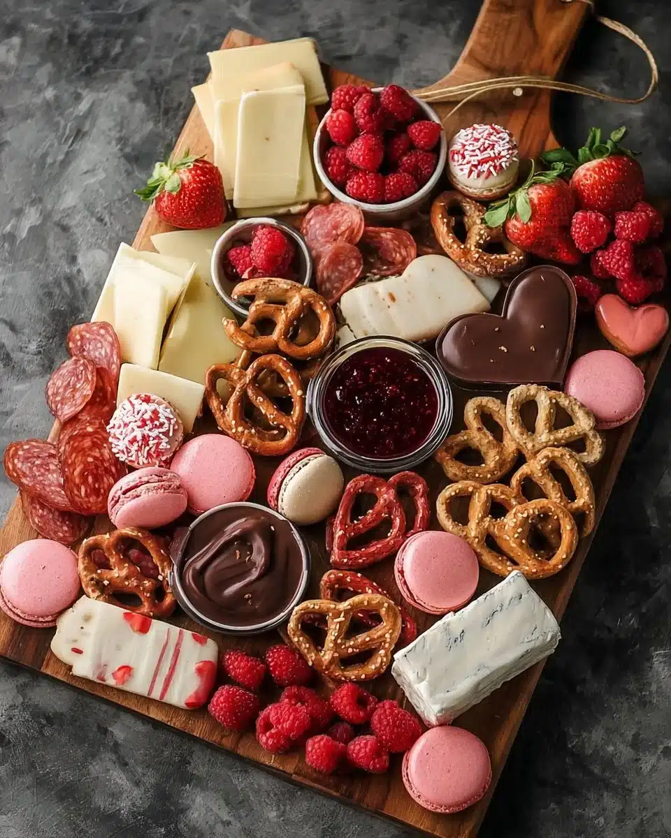 A delectable charcuterie board featuring a variety of meats, cheeses, and sweets.