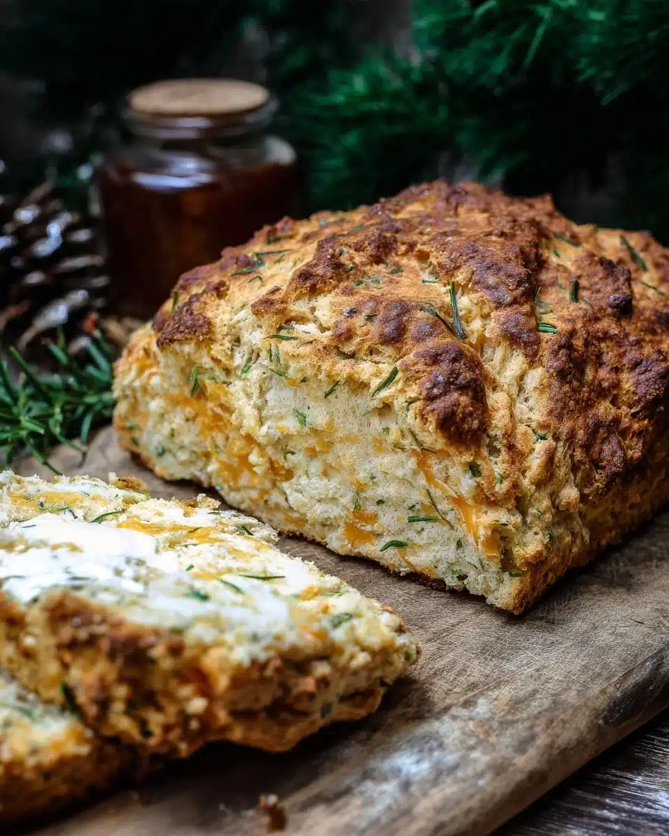 Freshly baked Cheddar and Herb Soda Bread loaf on a wooden cutting board.