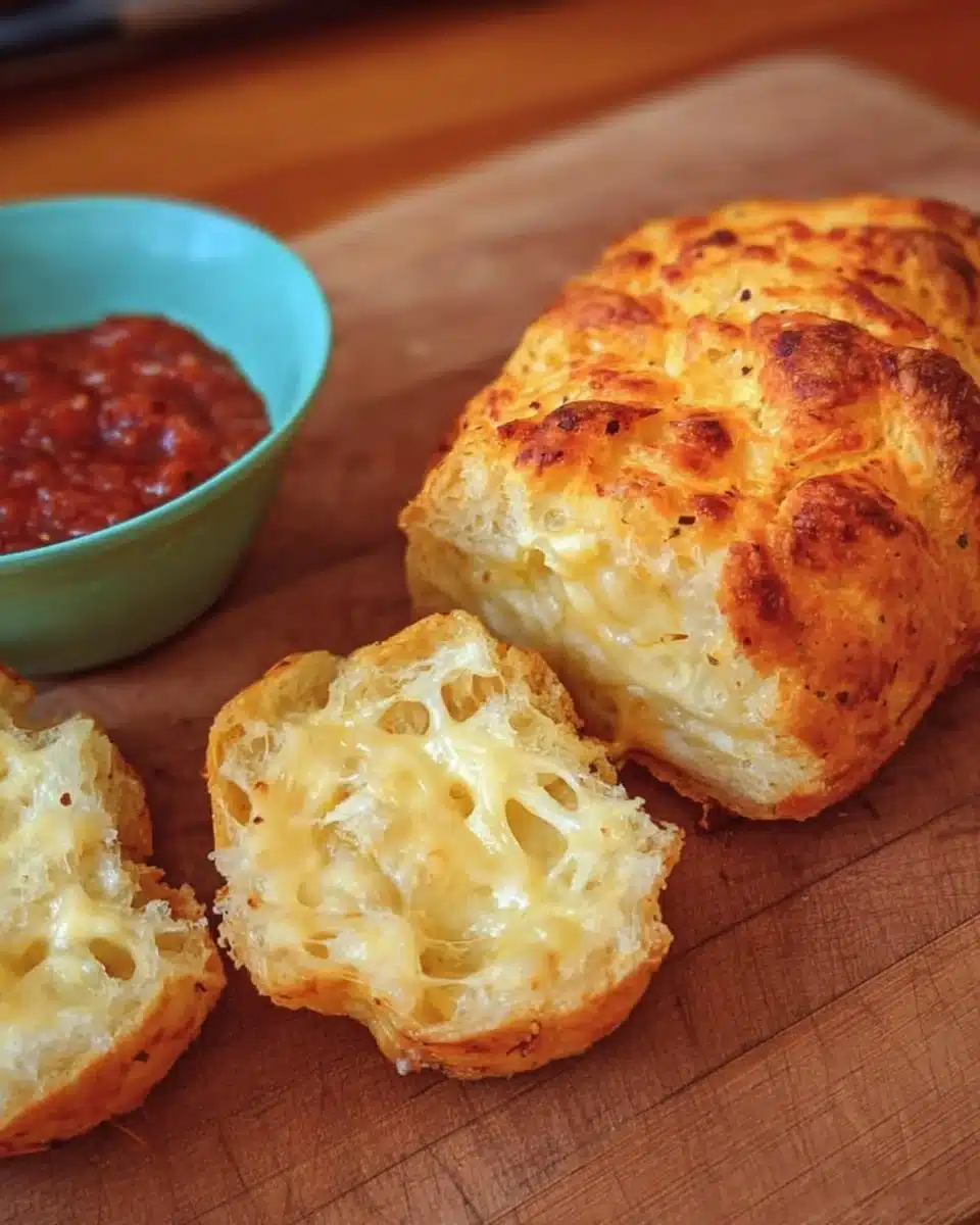 Loaf of freshly baked cheese bread with melted cheese