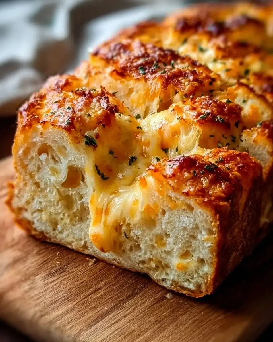 Delicious cheesy bread fresh out of the oven with melted cheese and golden crust