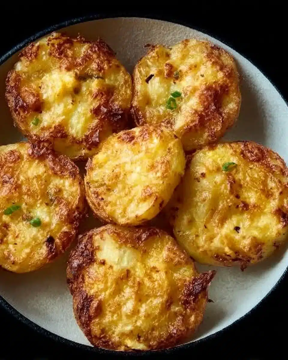 Delicious cheesy smashed potatoes served in a bowl with herbs.