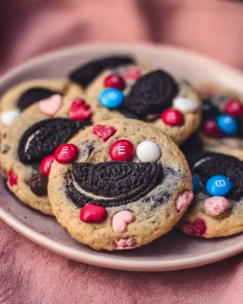 Chewy Valentine’s Day Oreo M&M’s Cookies on a festive plate