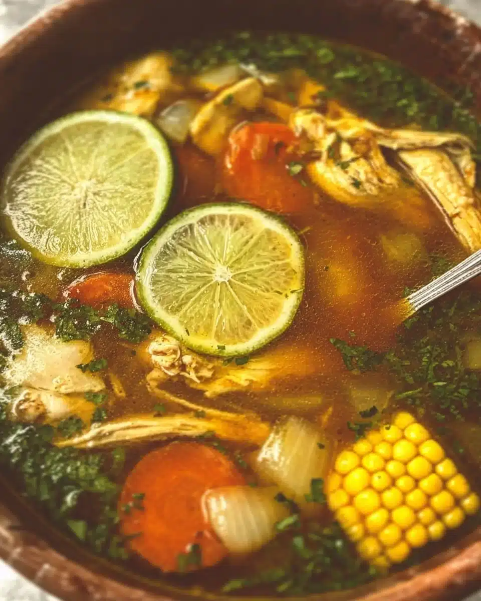 Bowl of Mexican chicken soup with fresh ingredients and vibrant colors