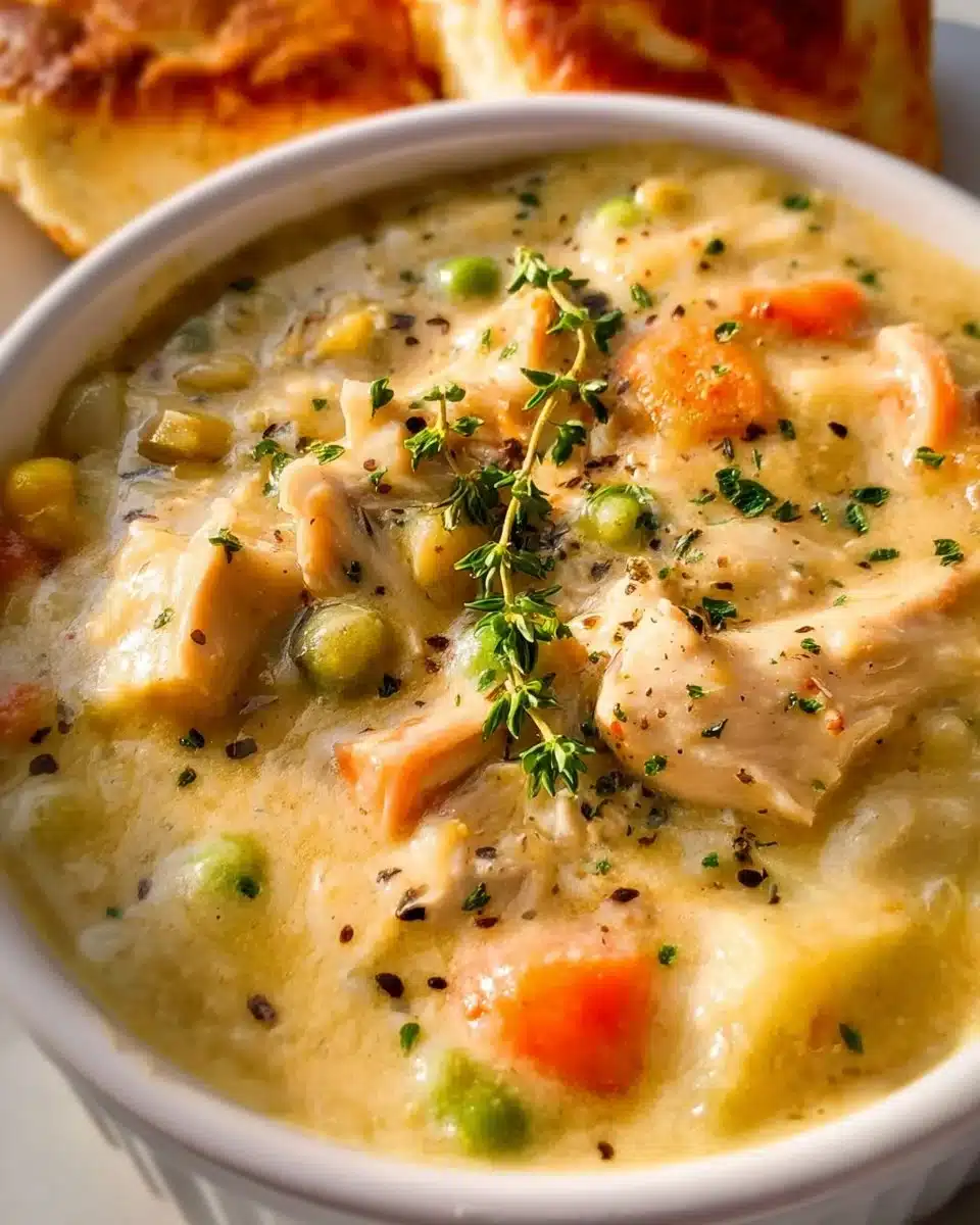 Bowl of savory Chicken Pot Pie Soup filled with chicken and vegetables