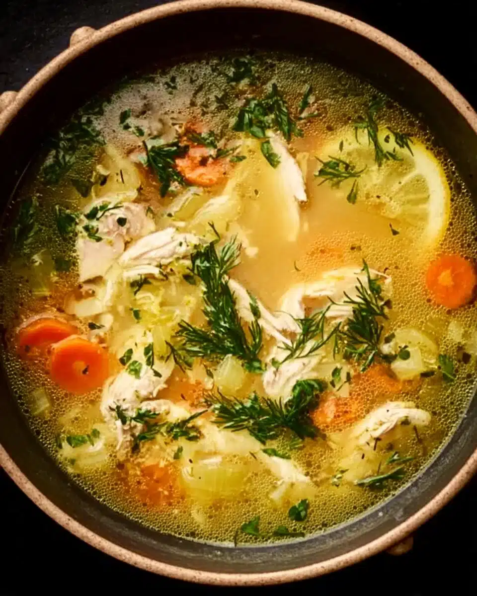 Bowl of homemade chicken soup with vegetables and herbs