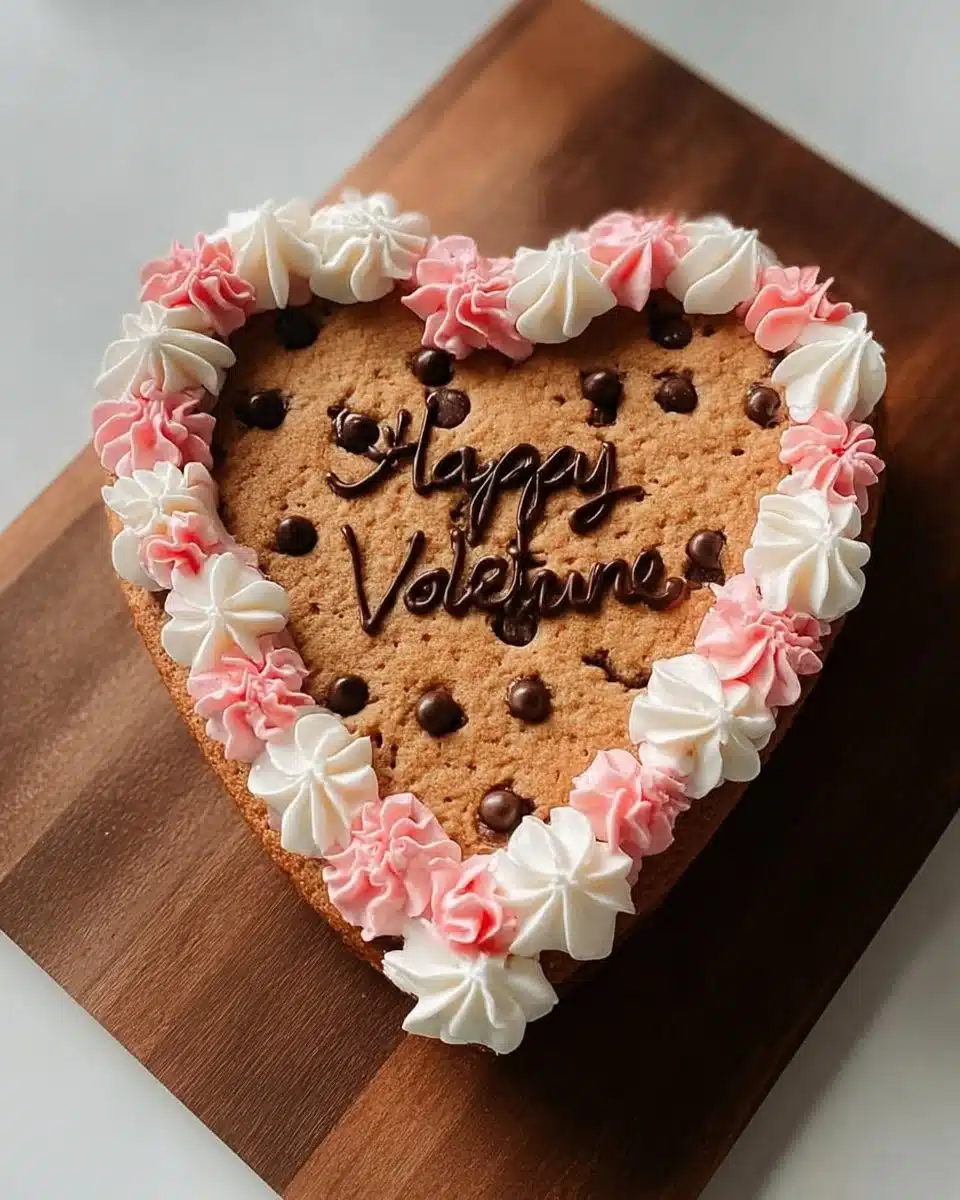 Chocolate Chip Heart Cookie Cake decorated for celebrations
