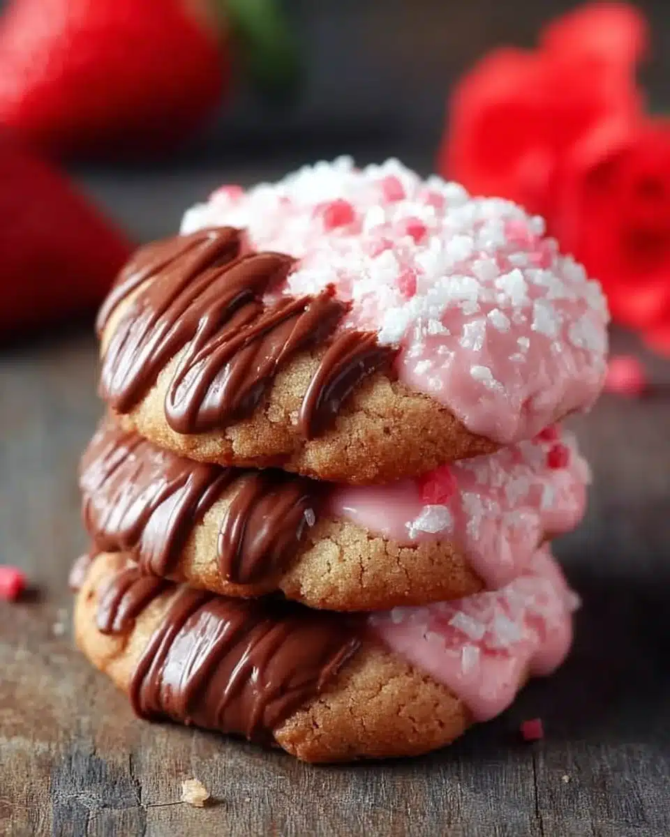 Chocolate dipped strawberry cookies with fresh strawberries and melted chocolate