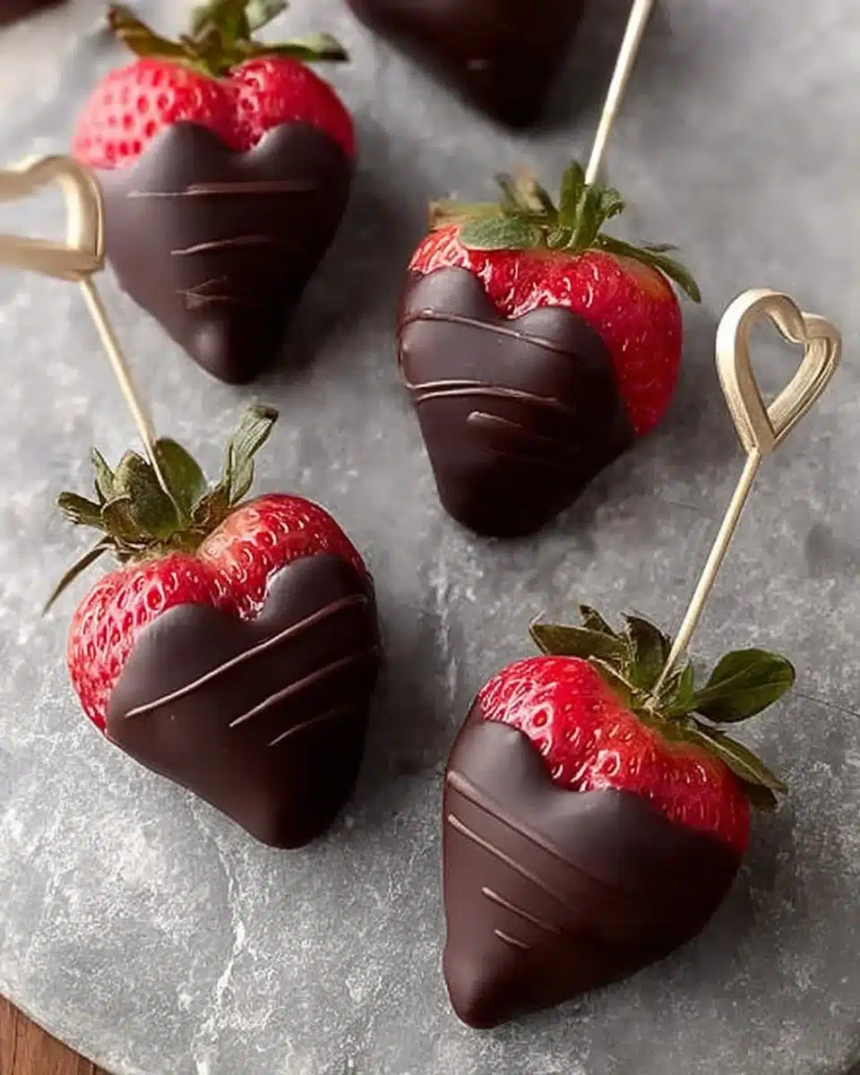 Chocolate-dipped strawberries shaped like hearts for a romantic treat.