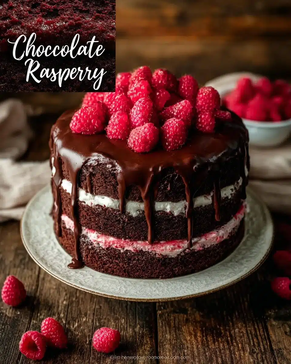 Delicious Chocolate Raspberry Cake topped with fresh raspberries and chocolate shavings