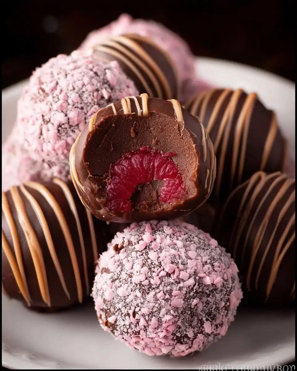 Delicious homemade Chocolate Raspberry Truffles with a rich chocolate coating.