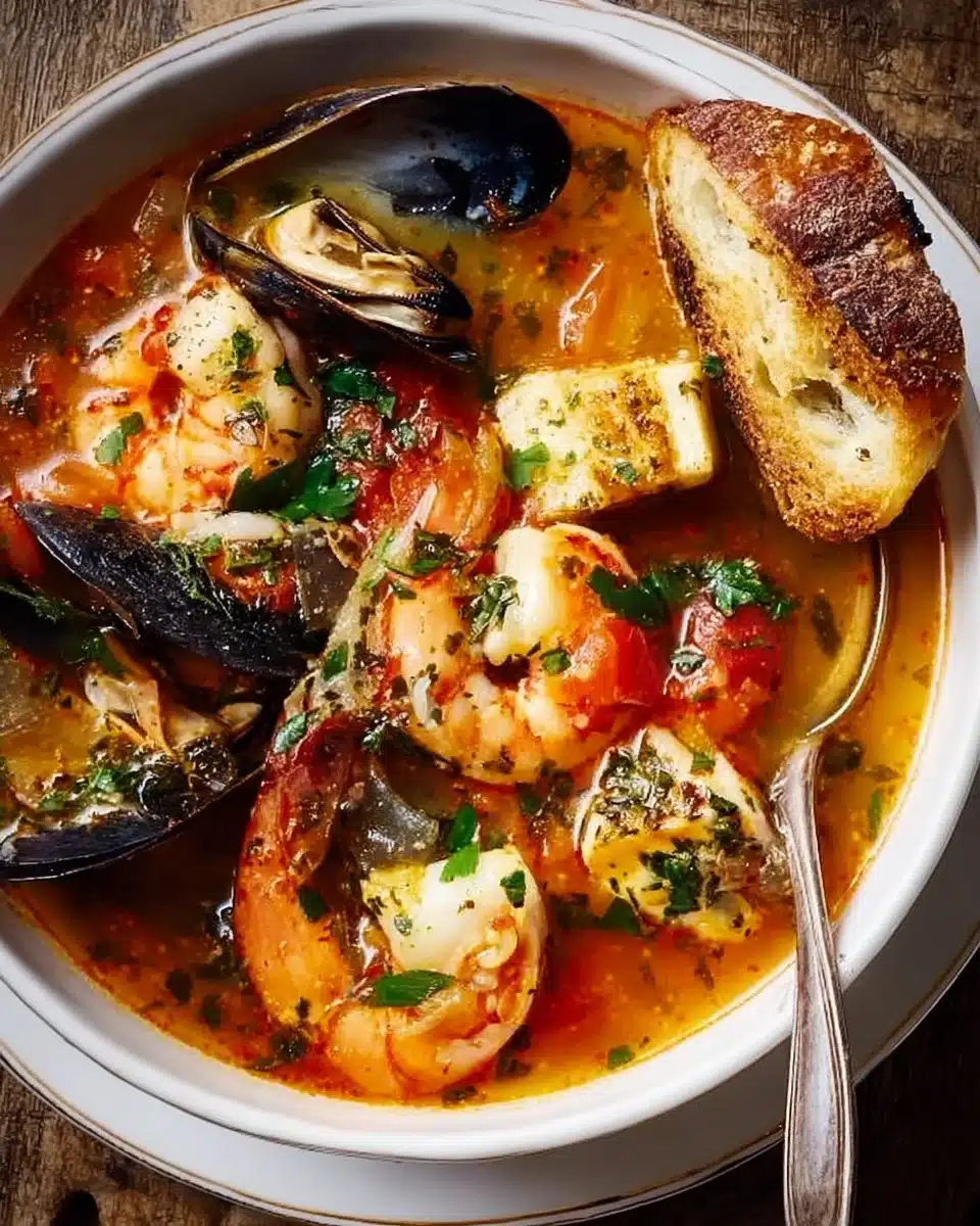A bowl of classic bouillabaisse with seafood and herbs garnished.