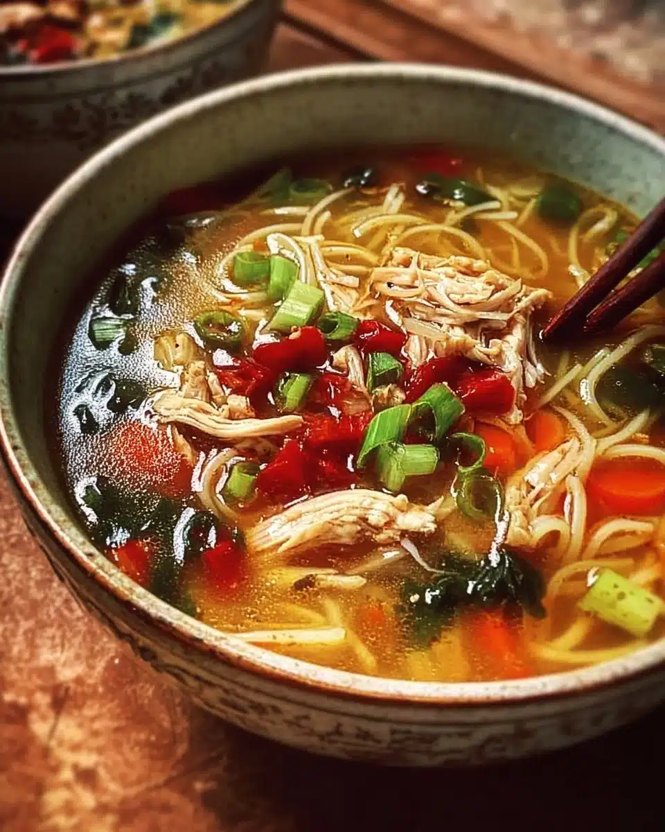 Bowl of Classic Ginger Garlic Chicken Noodle Soup with fresh herbs