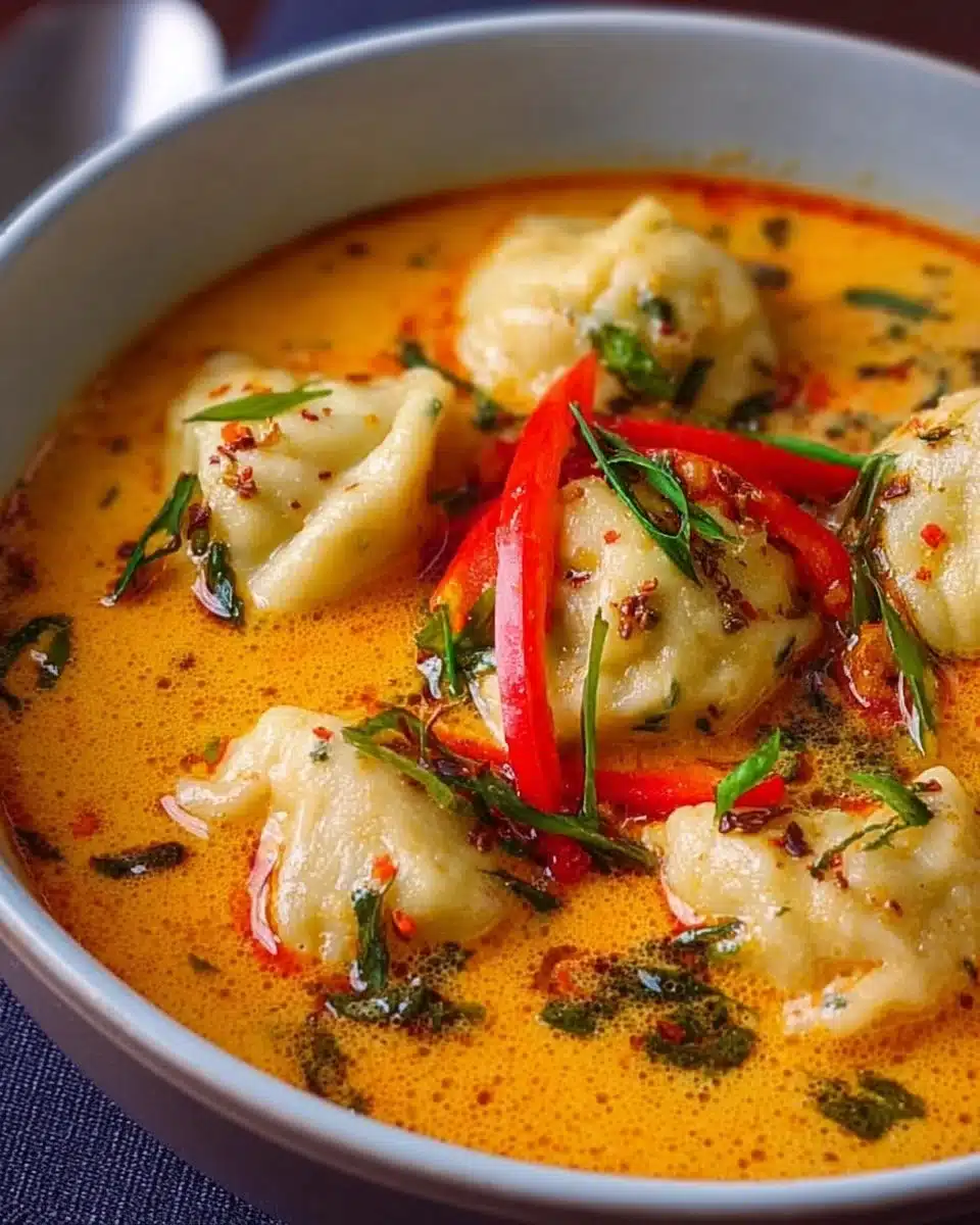 Bowl of Coconut Curry Soup with Dumplings garnished with fresh herbs