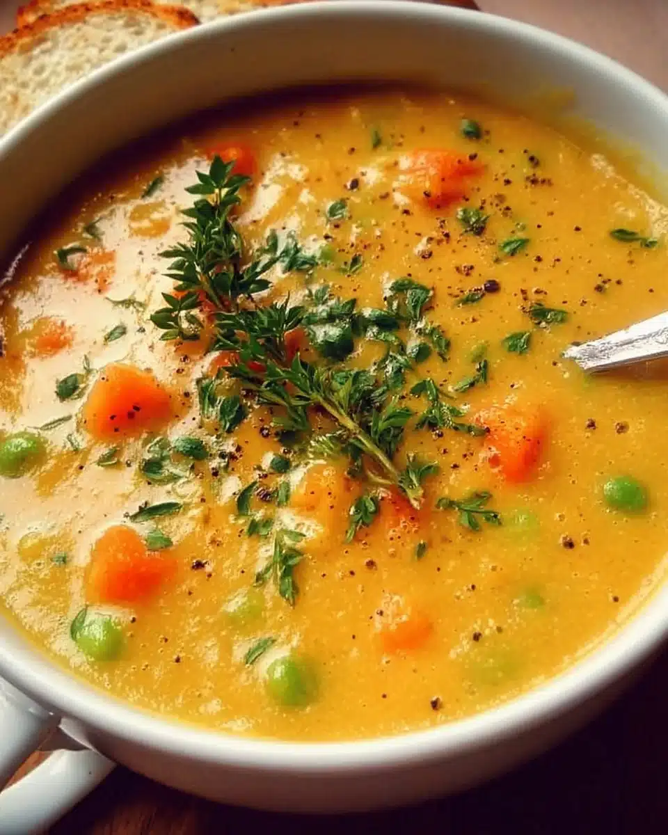 Delicious one-pot creamy vegetable soup served in a bowl with fresh herbs