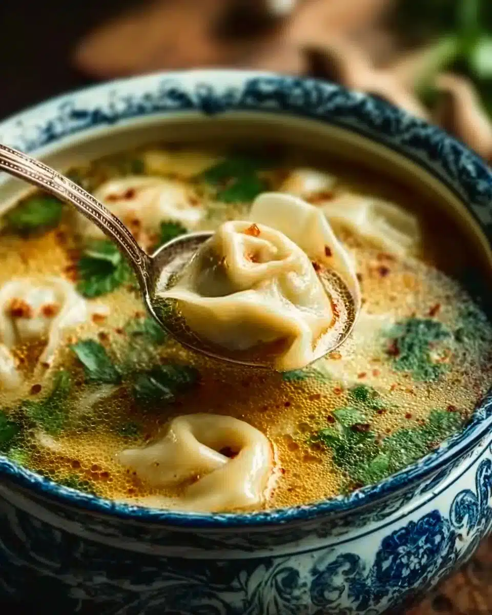Bowl of comforting Thai Potsticker Soup with herbs and dumplings