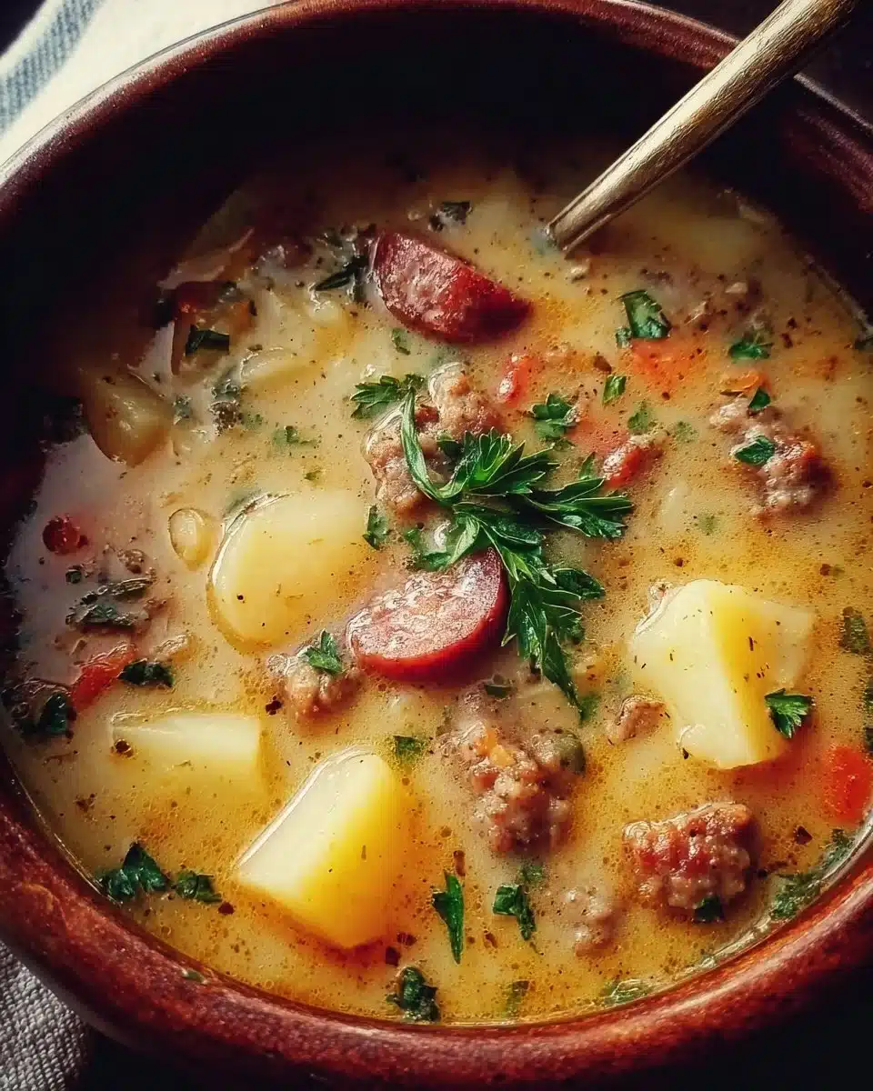 Bowl of cozy sausage potato soup garnished with herbs