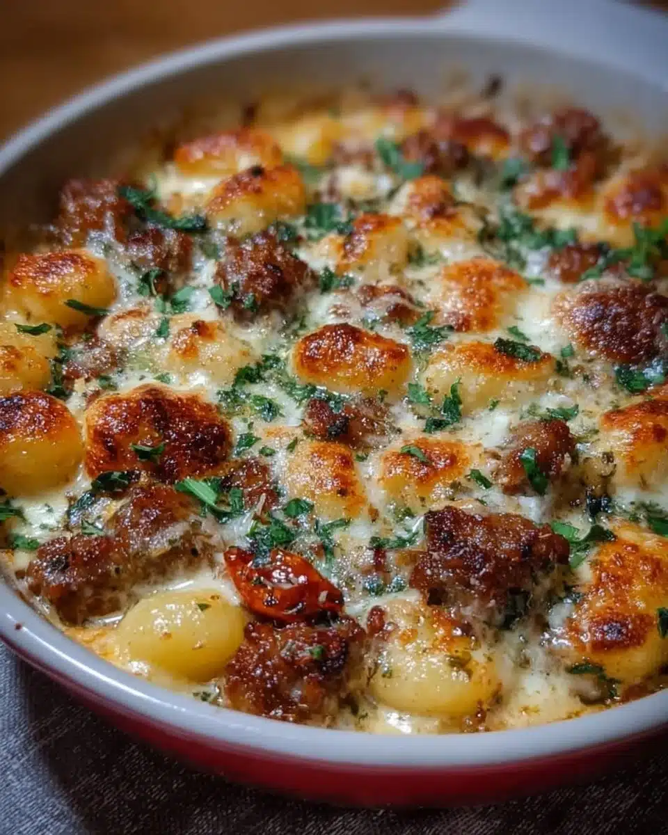 Creamy baked gnocchi with sausage served in a casserole dish