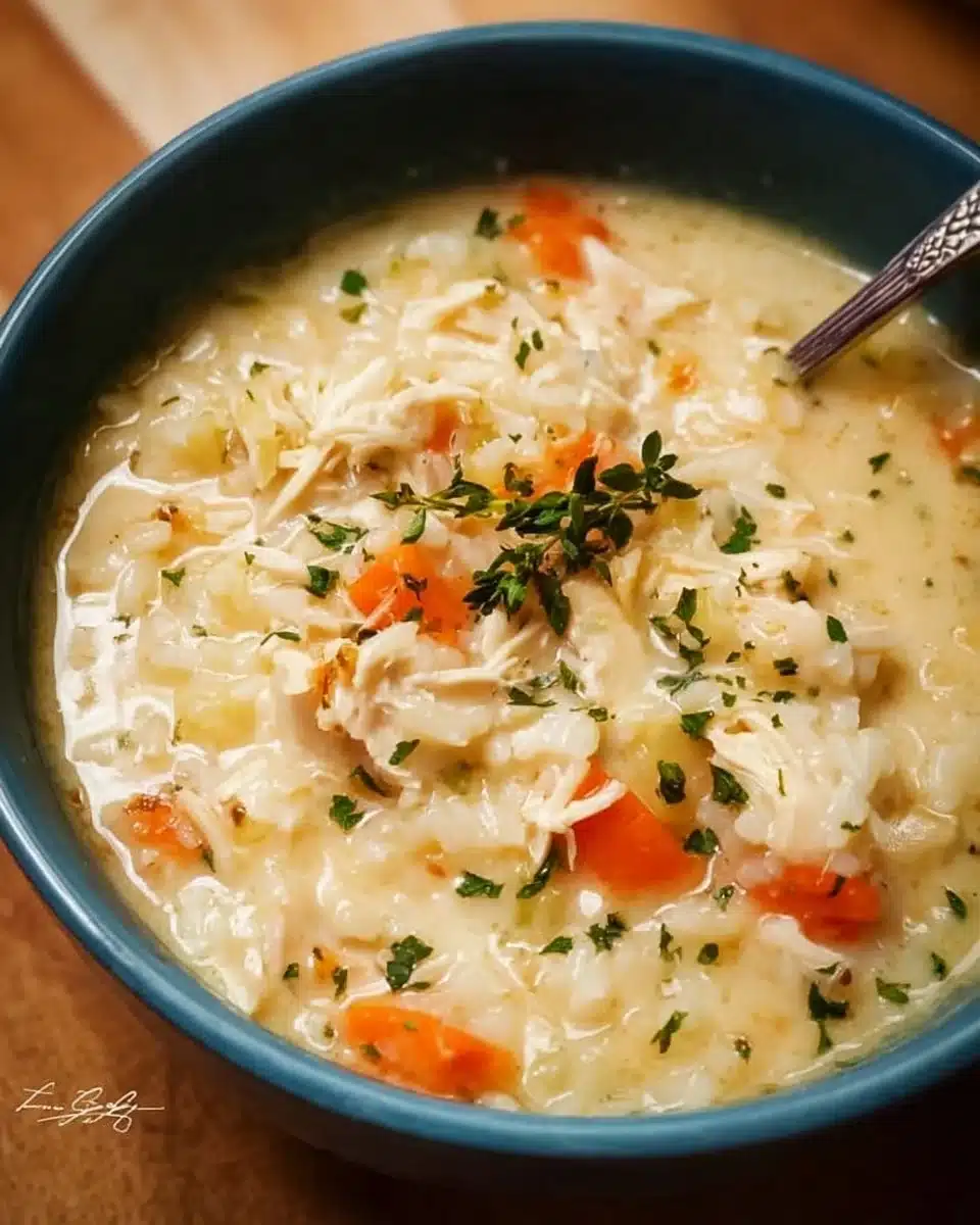 Creamy chicken and rice soup garnished with herbs in a bowl