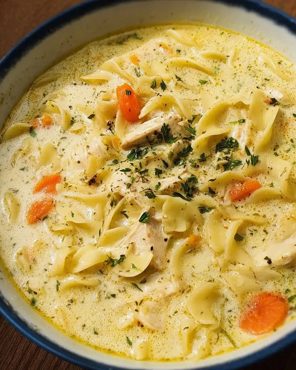 Bowl of creamy chicken noodle soup with vegetables and noodles