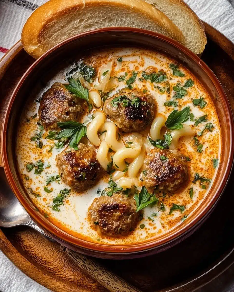 A bowl of creamy Italian meatball soup with fresh herbs and vegetables