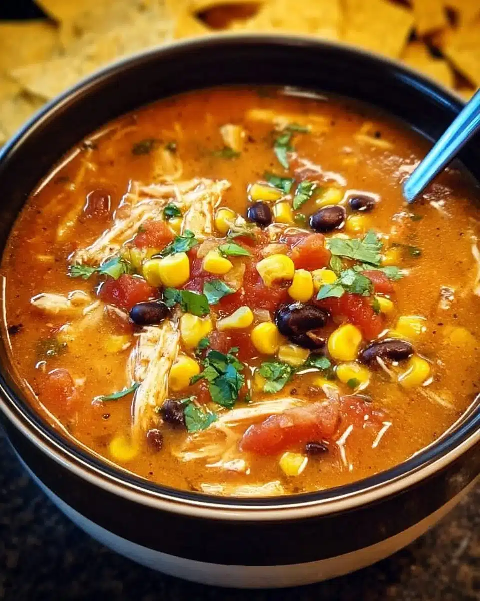 Bowl of Crockpot Chicken Tortilla Soup garnished with tortilla strips and avocado