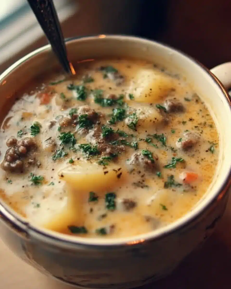 Crockpot Creamy Potato and Hamburger Soup served in a bowl